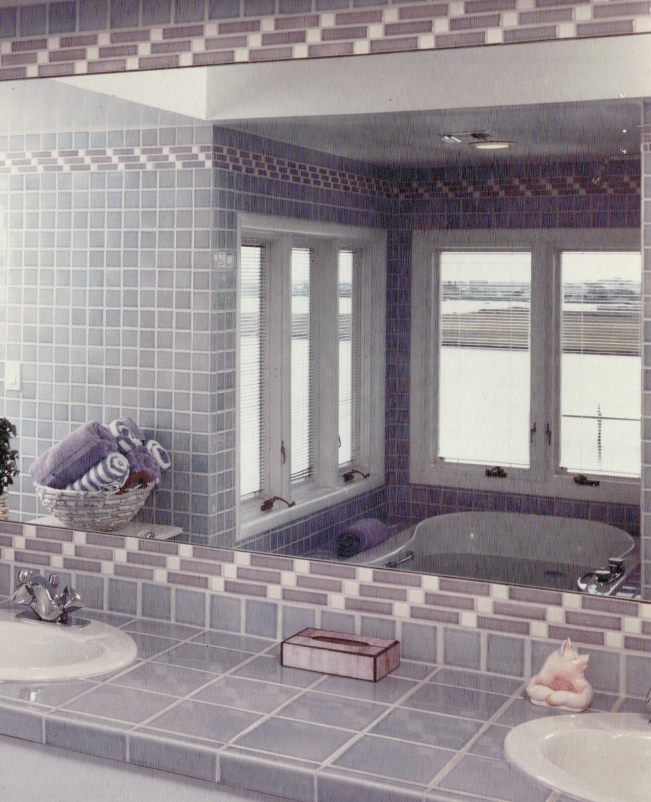 Architectural design of added master bathroom with view in the mirror of jacouzzi and water view.